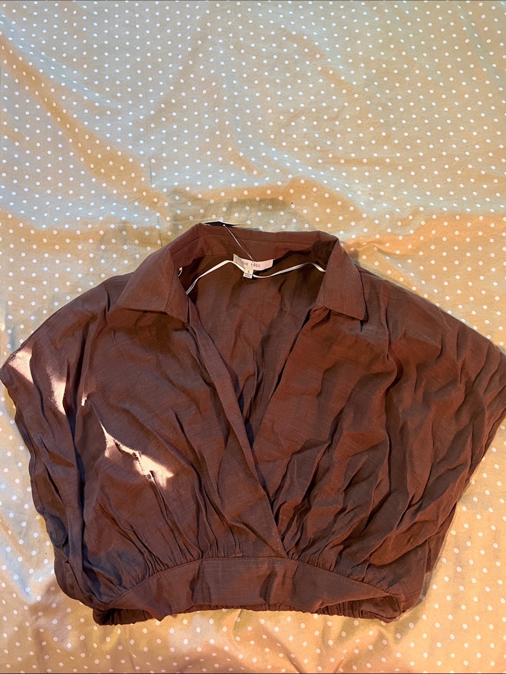 Love Tree Brown Cropped Collared Wrap Top